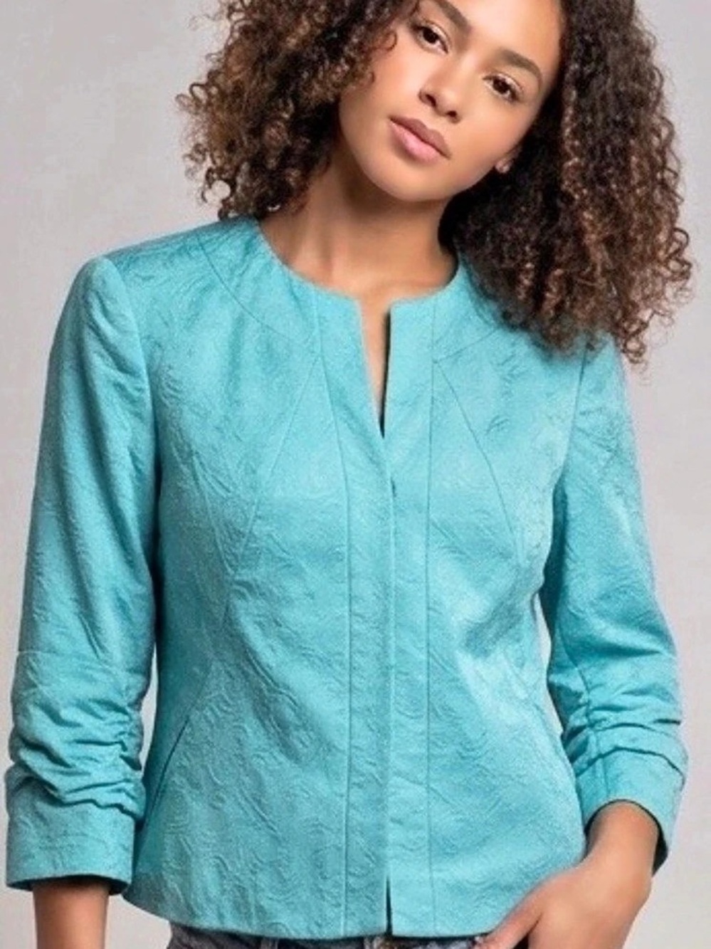 Coldwater Creek Paisley Jacquard Jacket in aqua blue P14 Like New